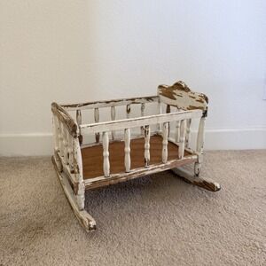 Vintage Doll Cradle Handmade Wooden Rocking Baby Bed Crib Rustic Chipped Paint
